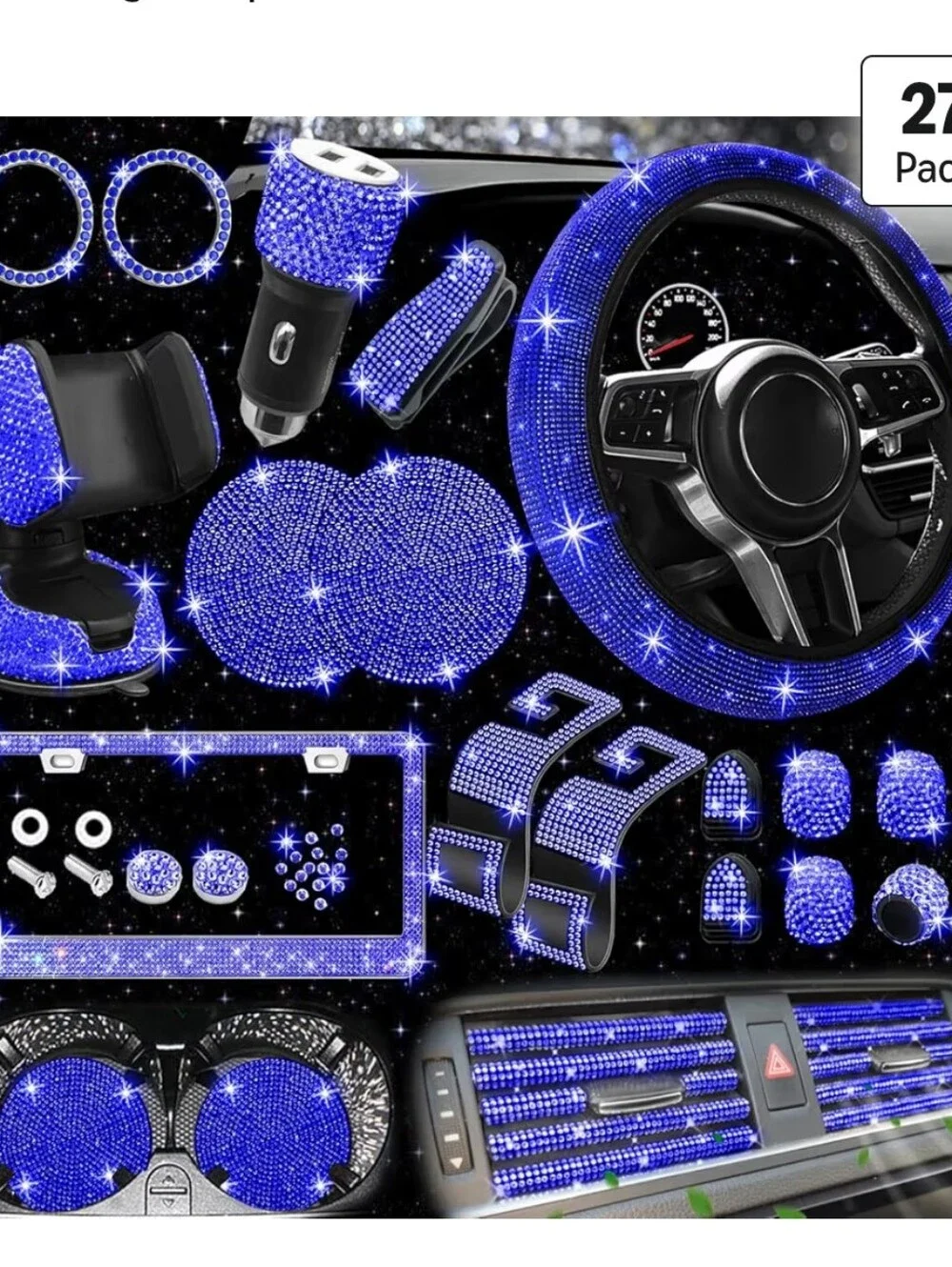 Blue Rhinestone Car Phone Accessory Set - Sparkle Steering Wheel Cover & Holders